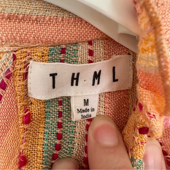 THML Women Medium Freeport Woven Striped Flutter Sleeve Embroidered Top Peach - Picture 10 of 12
